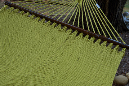 Hardwood spreader bar and fanned end cords on the Olive Double Caribbean Hammock