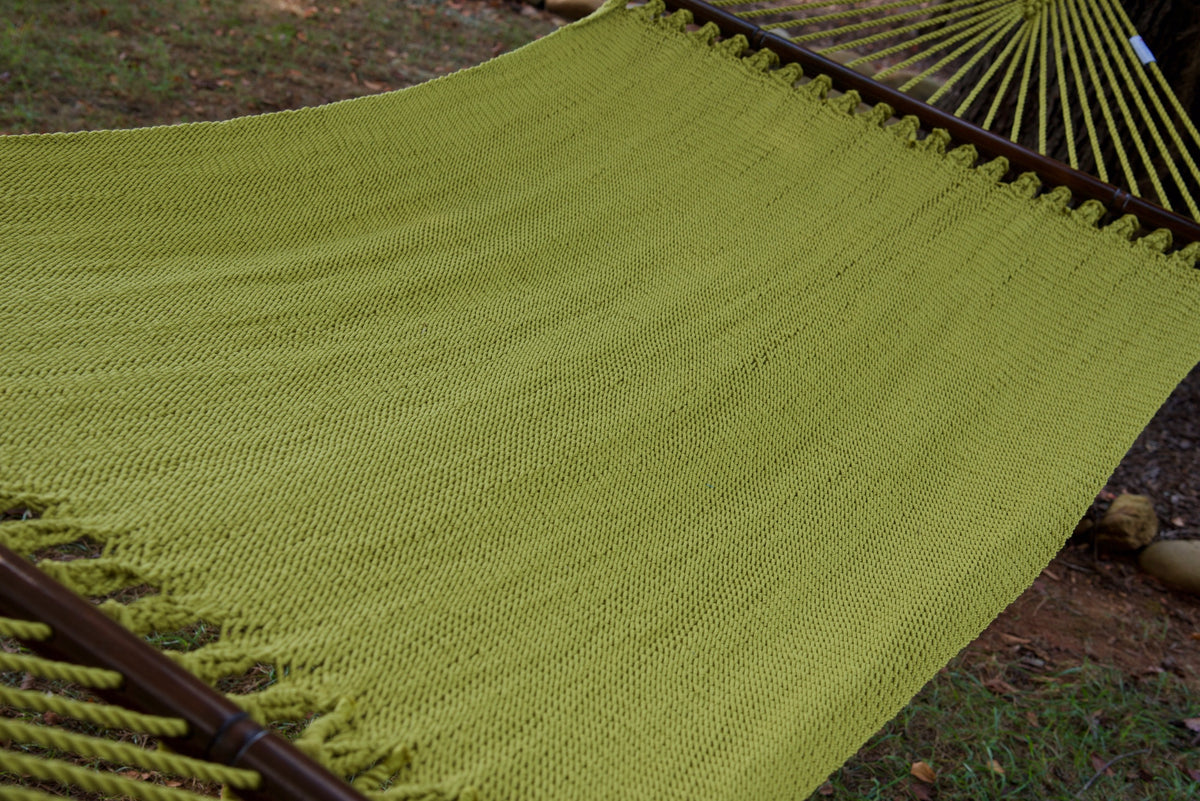 The full hand-woven bed of the Olive Double Caribbean Hammock seen end to end