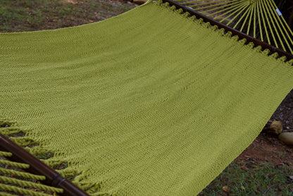The full hand-woven bed of the Olive Double Caribbean Hammock seen end to end