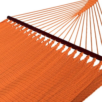 Orange Double Caribbean Hammock with its 48-inch hardwood spreader bar and fanned end cords