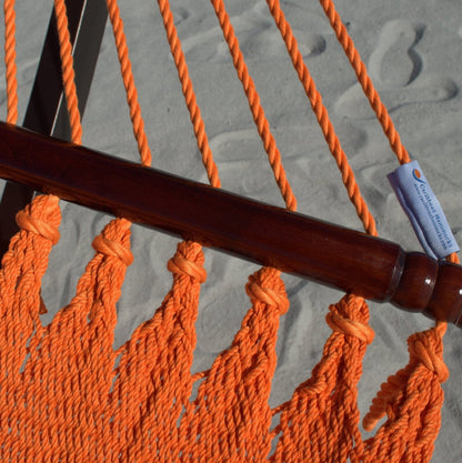 Close-up of the Caribbean Hammocks label on the end cords of the Orange Double Caribbean Hammock