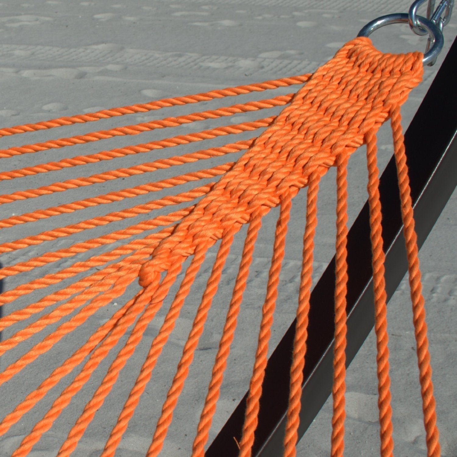 Close-up of the clew knot and stainless steel O-ring on the Orange Double Caribbean Hammock