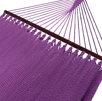 Purple Double Caribbean Hammock with its 48-inch hardwood spreader bar and fanned end cords