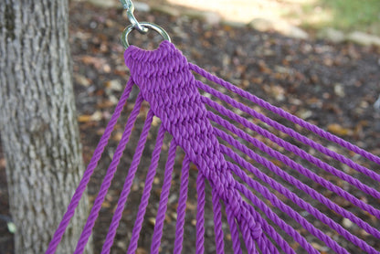 Clew knot on a Purple Double Caribbean Hammock, polyester cords gathered into a stainless steel O-ring