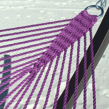 Close-up of the clew knot and stainless steel O-ring on the Purple Double Caribbean Hammock