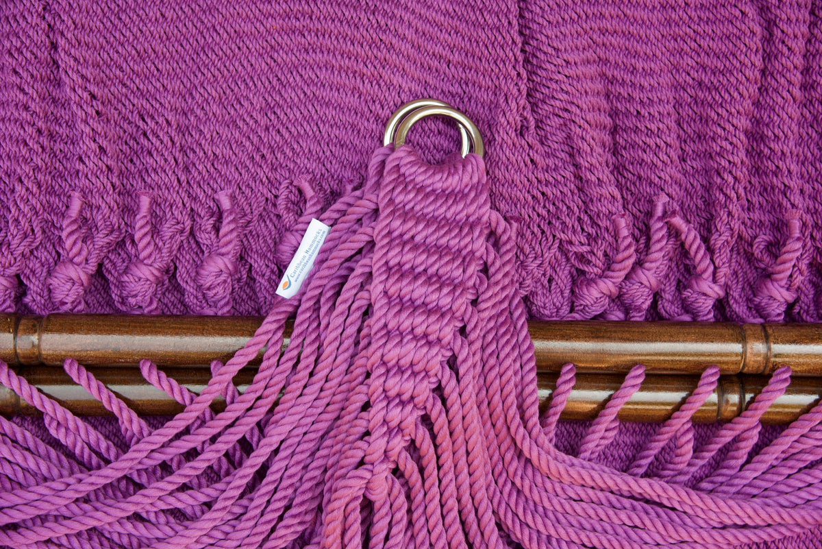 Stainless steel hanging rings, polyester end cords, and clew knot on a Purple Double Caribbean Hammock