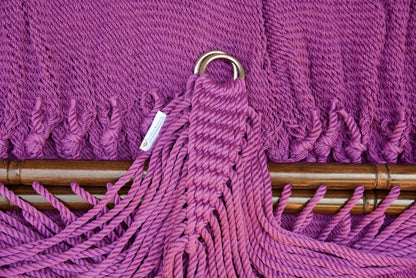 Stainless steel hanging rings, polyester end cords, and clew knot on a Purple Double Caribbean Hammock