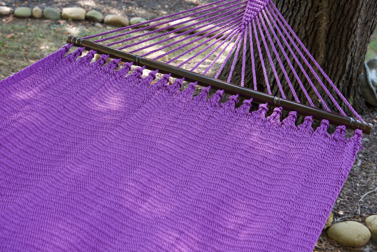 Hardwood spreader bar and fanned end cords on the Purple Double Caribbean Hammock