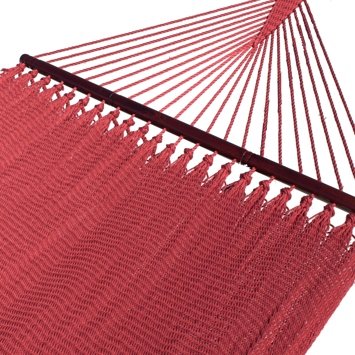 Red Double Caribbean Hammock with its 48-inch hardwood spreader bar and fanned end cords