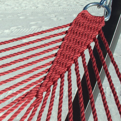 Close-up of the clew knot and stainless steel O-ring on the Red Double Caribbean Hammock