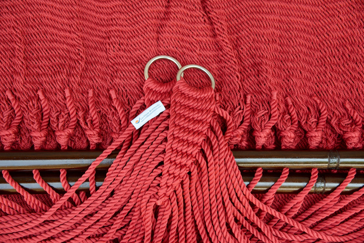 Stainless steel hanging rings, polyester end cords, and clew knot on a Red Double Caribbean Hammock