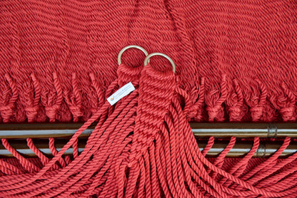 Stainless steel hanging rings, polyester end cords, and clew knot on a Red Double Caribbean Hammock