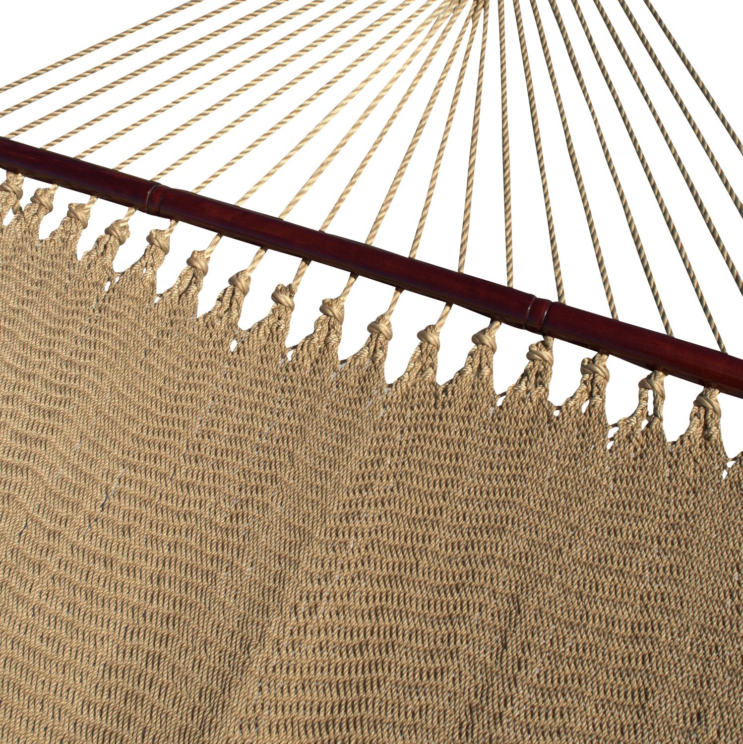 Tan Double Caribbean Hammock with its 48-inch hardwood spreader bar and fanned end cords