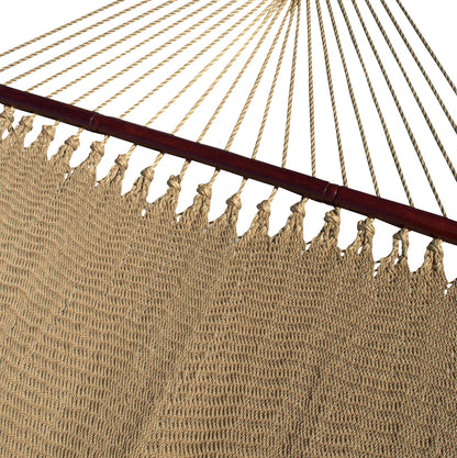 Tan Double Caribbean Hammock with its 48-inch hardwood spreader bar and fanned end cords
