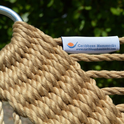 Close-up of the Caribbean Hammocks label on the end cords of the Tan Double Caribbean Hammock