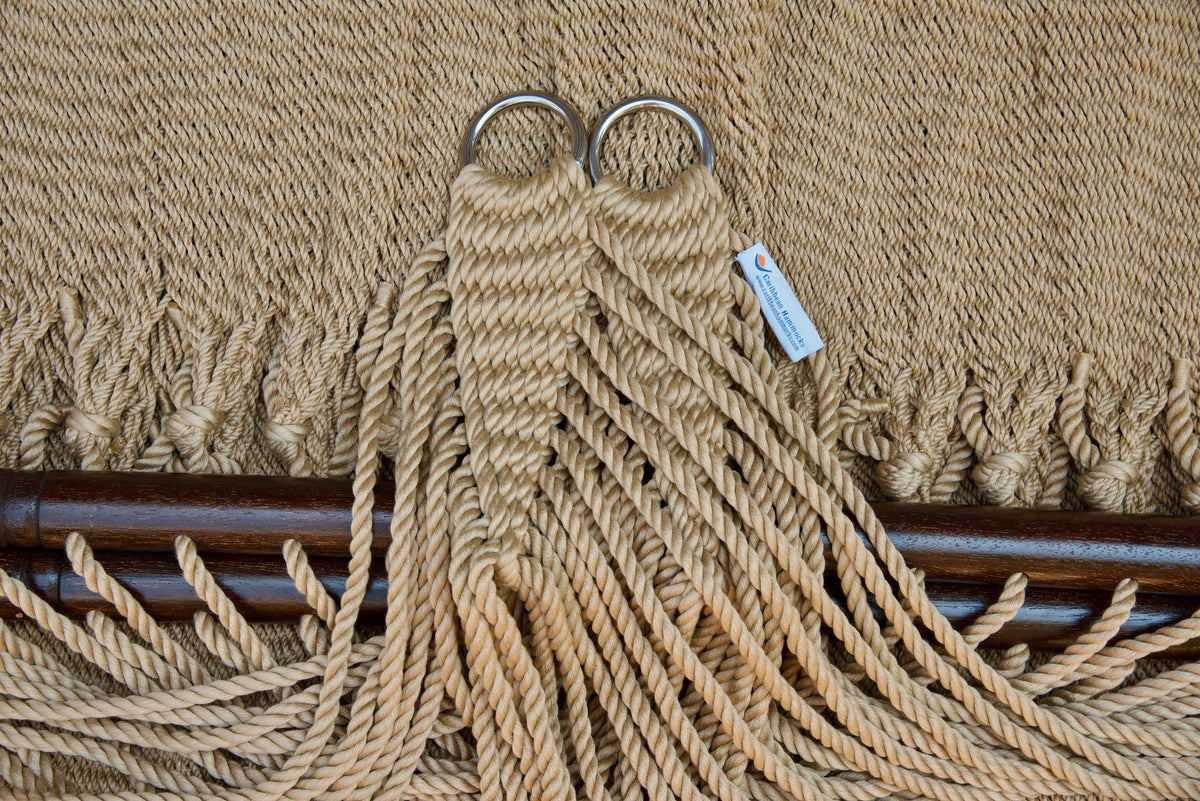 Stainless steel hanging rings, polyester end cords, and clew knot on a Tan Double Caribbean Hammock