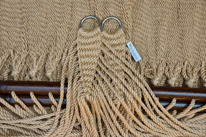 Stainless steel hanging rings, polyester end cords, and clew knot on a Tan Double Caribbean Hammock