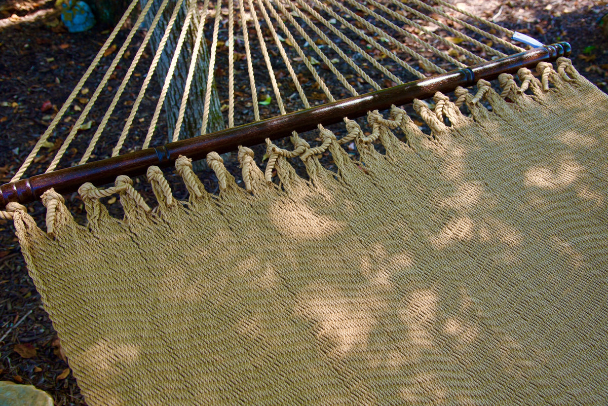 Hardwood spreader bar and fanned end cords on the Tan Double Caribbean Hammock