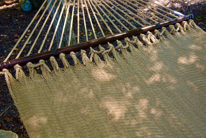 Hardwood spreader bar and fanned end cords on the Tan Double Caribbean Hammock