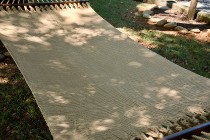 The full hand-woven bed of the Tan Double Caribbean Hammock seen end to end