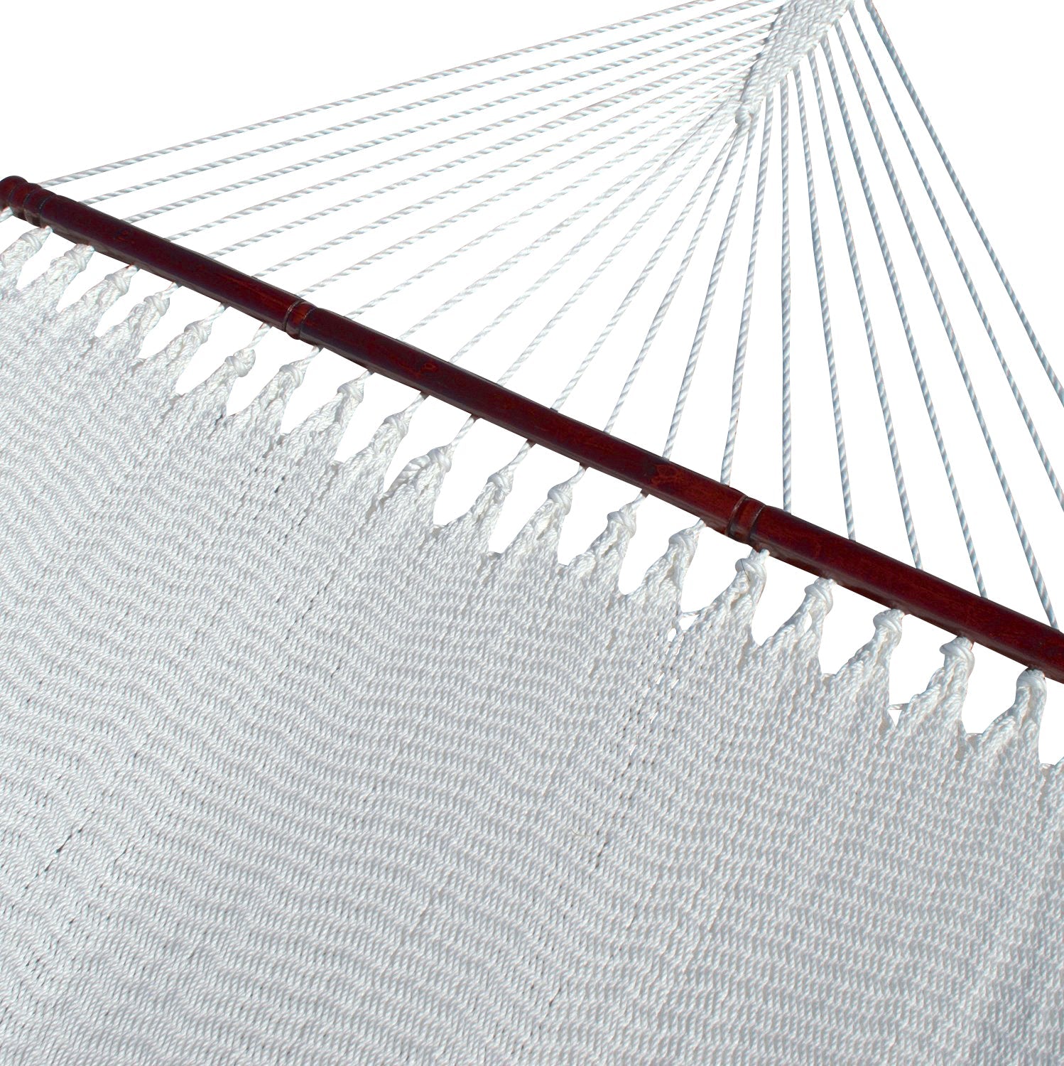 White Double Caribbean Hammock with its 48-inch hardwood spreader bar and fanned end cords