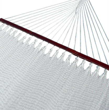 White Double Caribbean Hammock with its 48-inch hardwood spreader bar and fanned end cords
