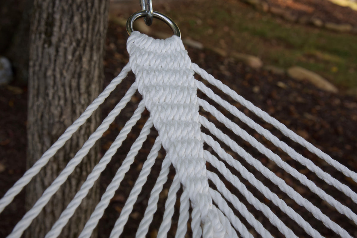 Clew knot on a White Double Caribbean Hammock, polyester cords gathered into a stainless steel O-ring