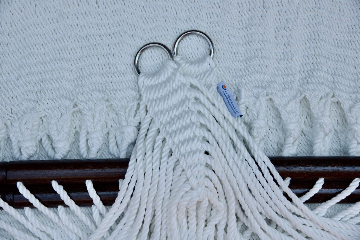 Stainless steel hanging rings, polyester end cords, and clew knot on a White Double Caribbean Hammock