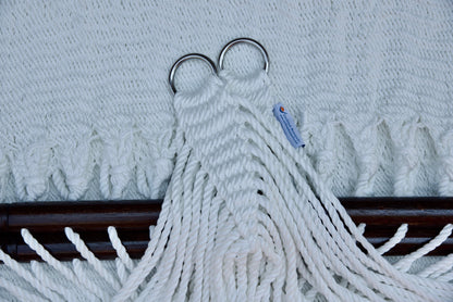 Stainless steel hanging rings, polyester end cords, and clew knot on a White Double Caribbean Hammock