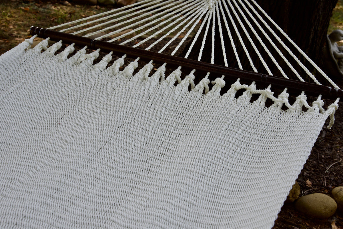 Hardwood spreader bar and fanned end cords on the White Double Caribbean Hammock