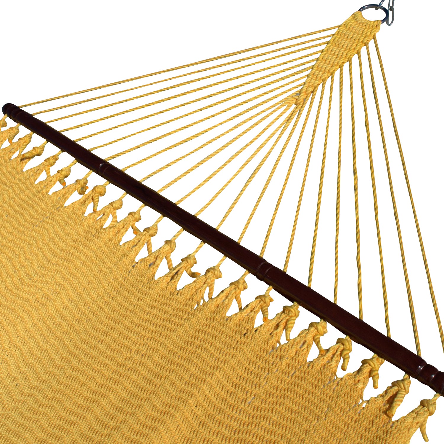 Yellow Double Caribbean Hammock with its 48-inch hardwood spreader bar and fanned end cords