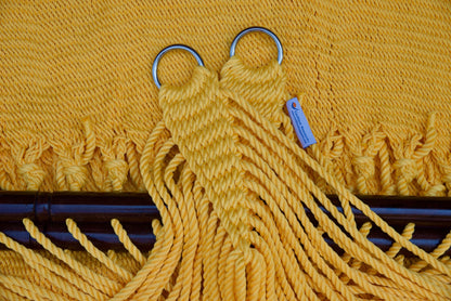Stainless steel hanging rings, polyester end cords, and clew knot on a Yellow Double Caribbean Hammock