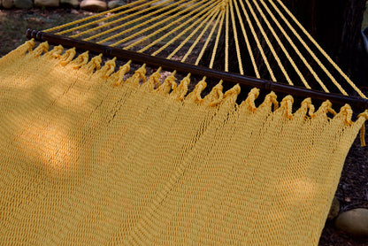 Hardwood spreader bar and fanned end cords on the Yellow Double Caribbean Hammock