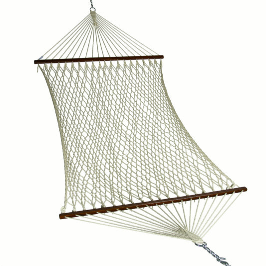 Island Escape hammock in cream, hand-woven open-weave polyester rope with hardwood spreader bars, on a white background