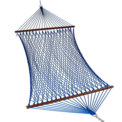 Island Escape hammock in dark blue, hand-woven open-weave polyester rope with hardwood spreader bars, on a white background