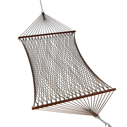 Island Escape hammock in mocha, hand-woven open-weave polyester rope with hardwood spreader bars, on a white background