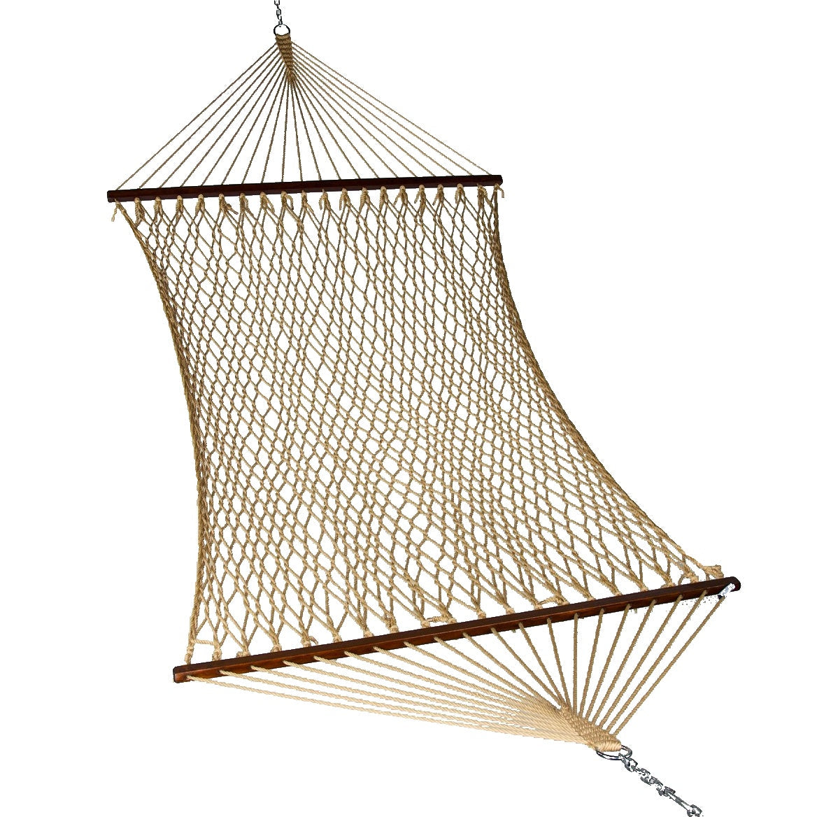Island Escape hammock in tan, hand-woven open-weave polyester rope with hardwood spreader bars, on a white background