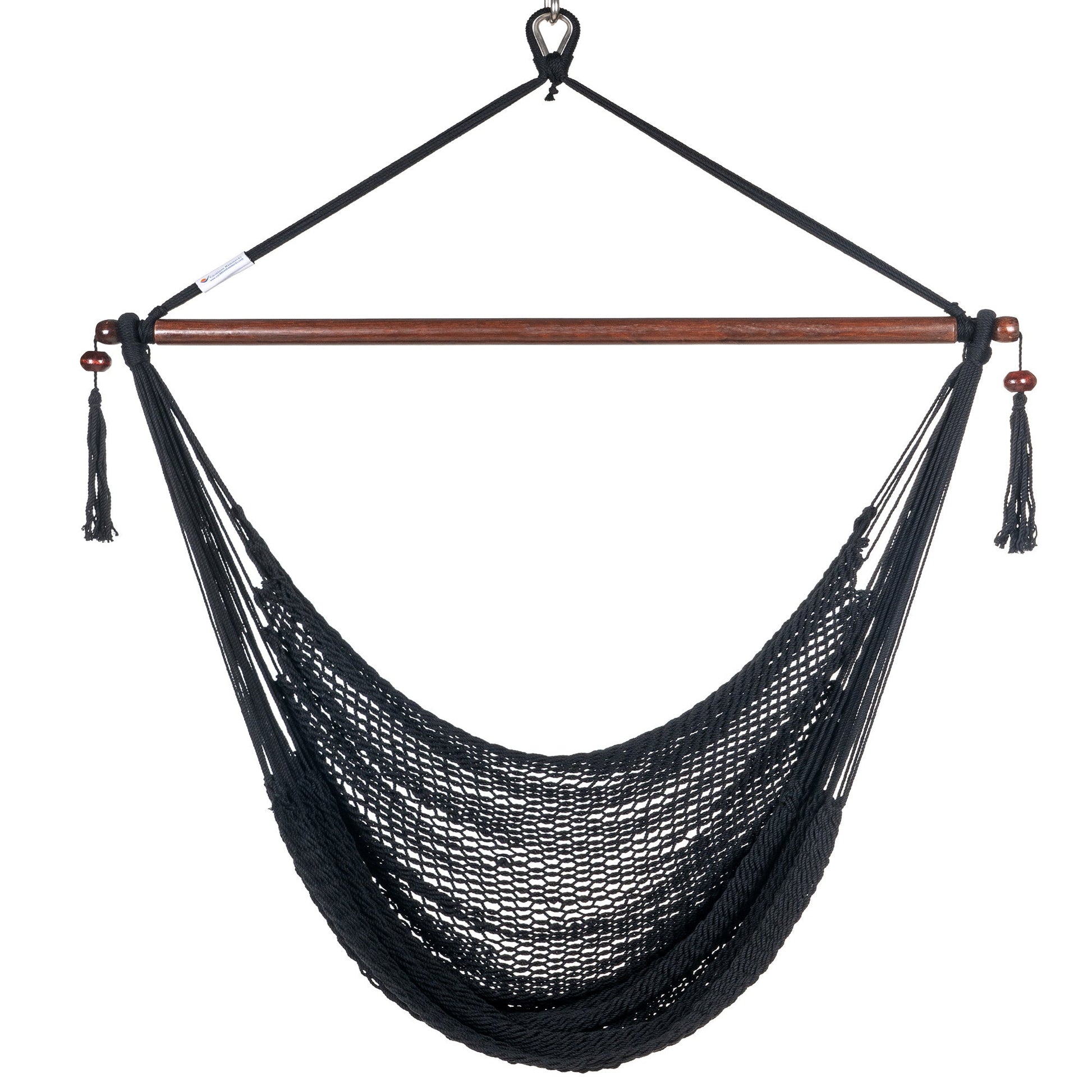 Front view of a black Island Haven hammock chair showing the deep open-weave seat and built-in footrest, on a white background