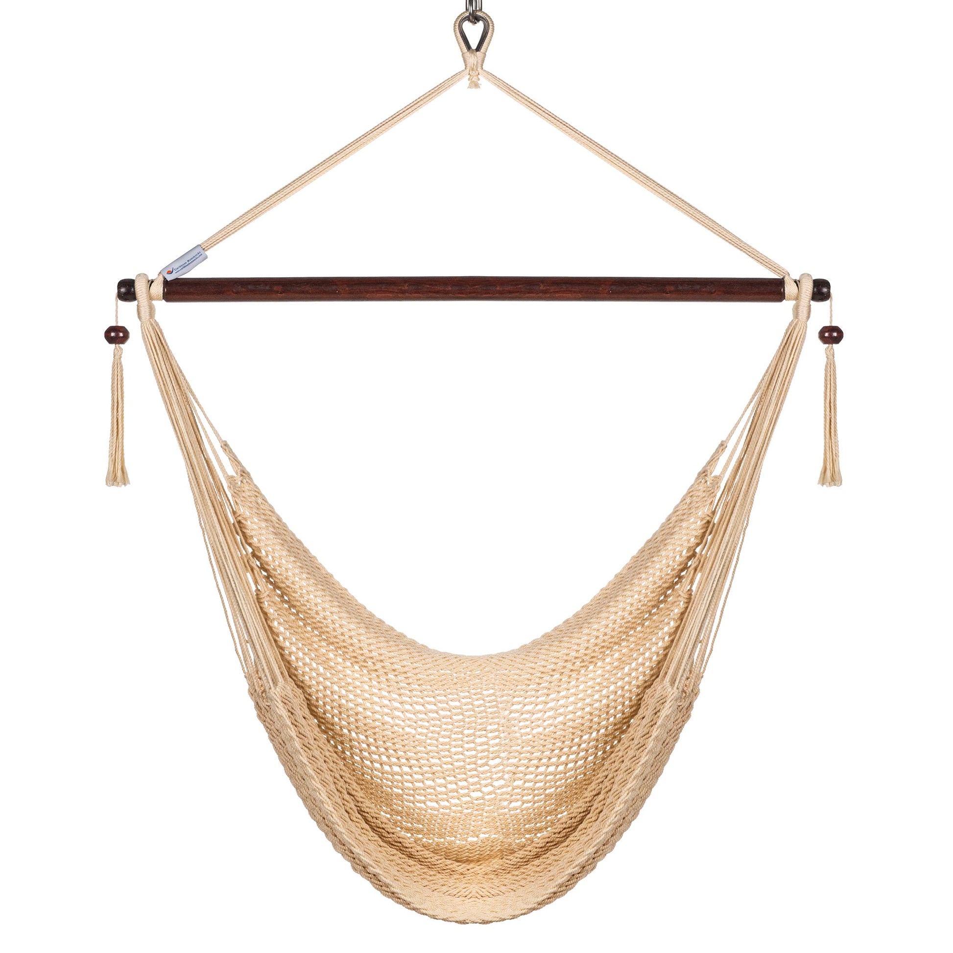 Front view of a cream Island Haven hammock chair showing the deep open-weave seat and built-in footrest, on a white background