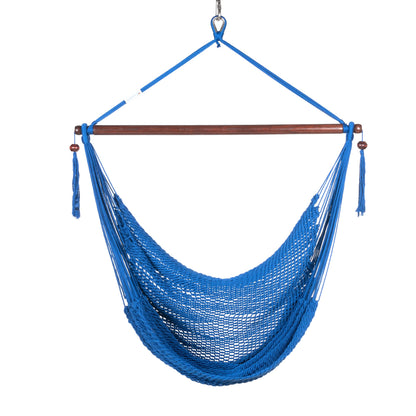 Front view of a dark blue Island Haven hammock chair showing the deep open-weave seat and built-in footrest, on a white background