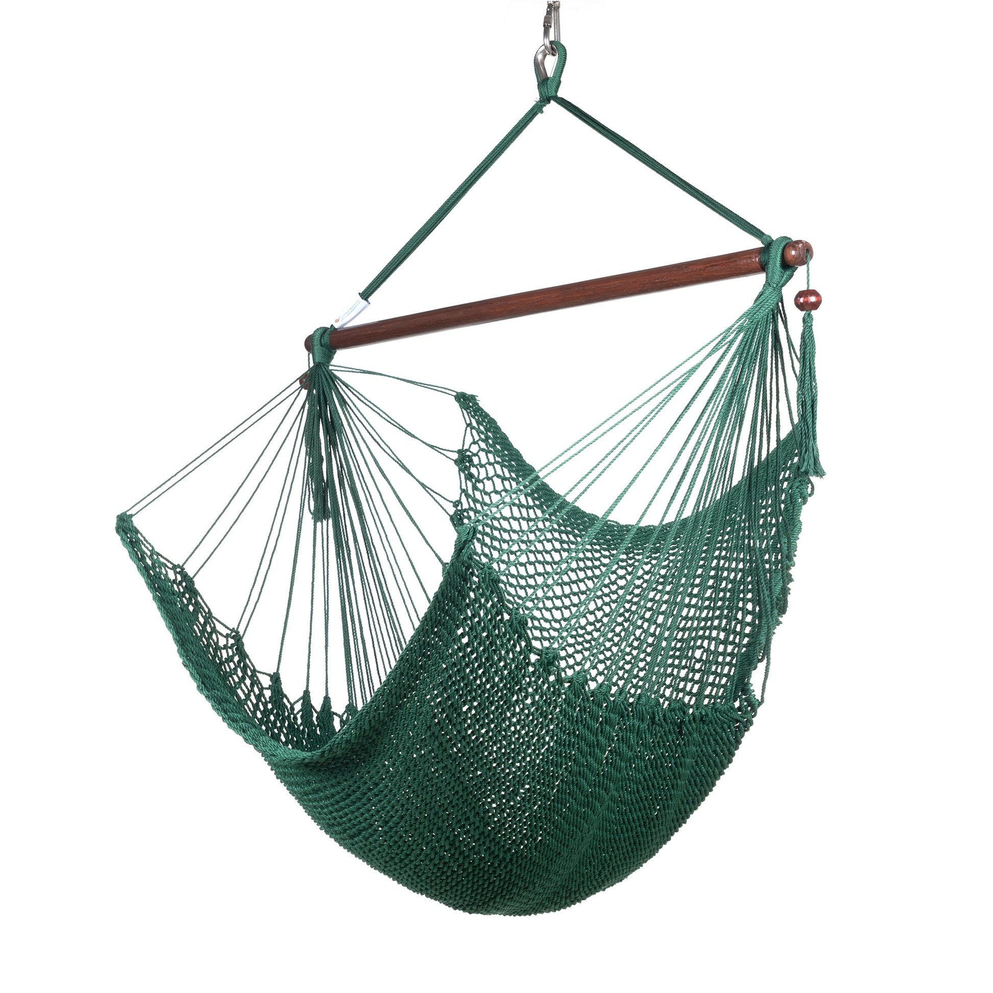 Island Haven hammock chair in green, hand-woven poly cord with a dark hardwood spreader bar and tasseled ends, on a white background