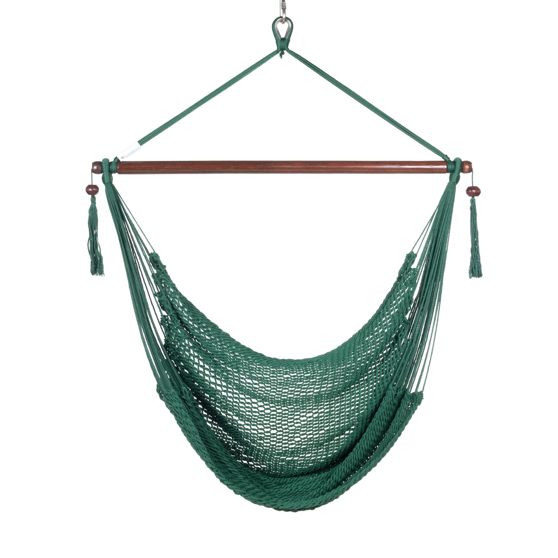 Front view of a green Island Haven hammock chair showing the deep open-weave seat and built-in footrest, on a white background