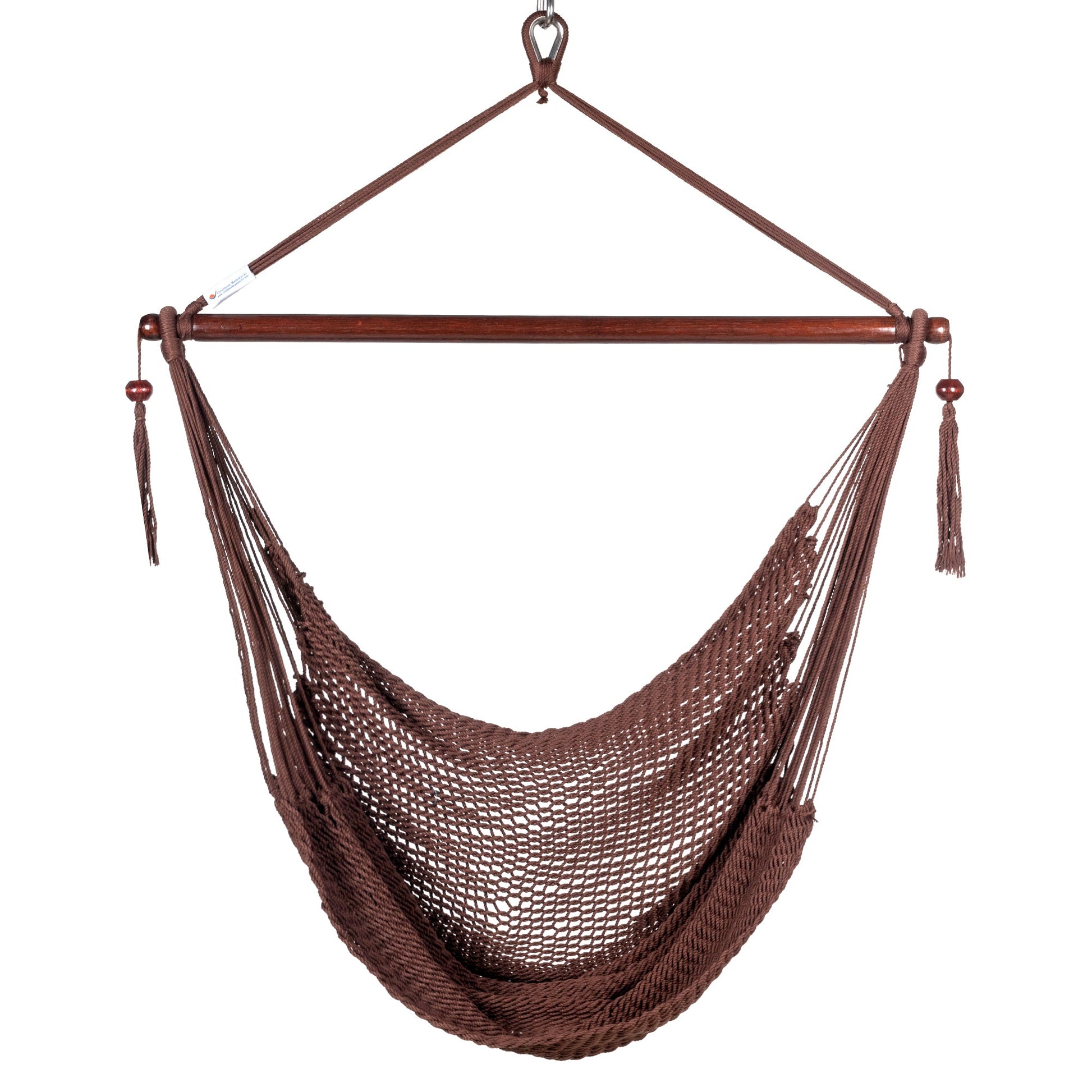 Front view of a mocha Island Haven hammock chair showing the deep open-weave seat and built-in footrest, on a white background