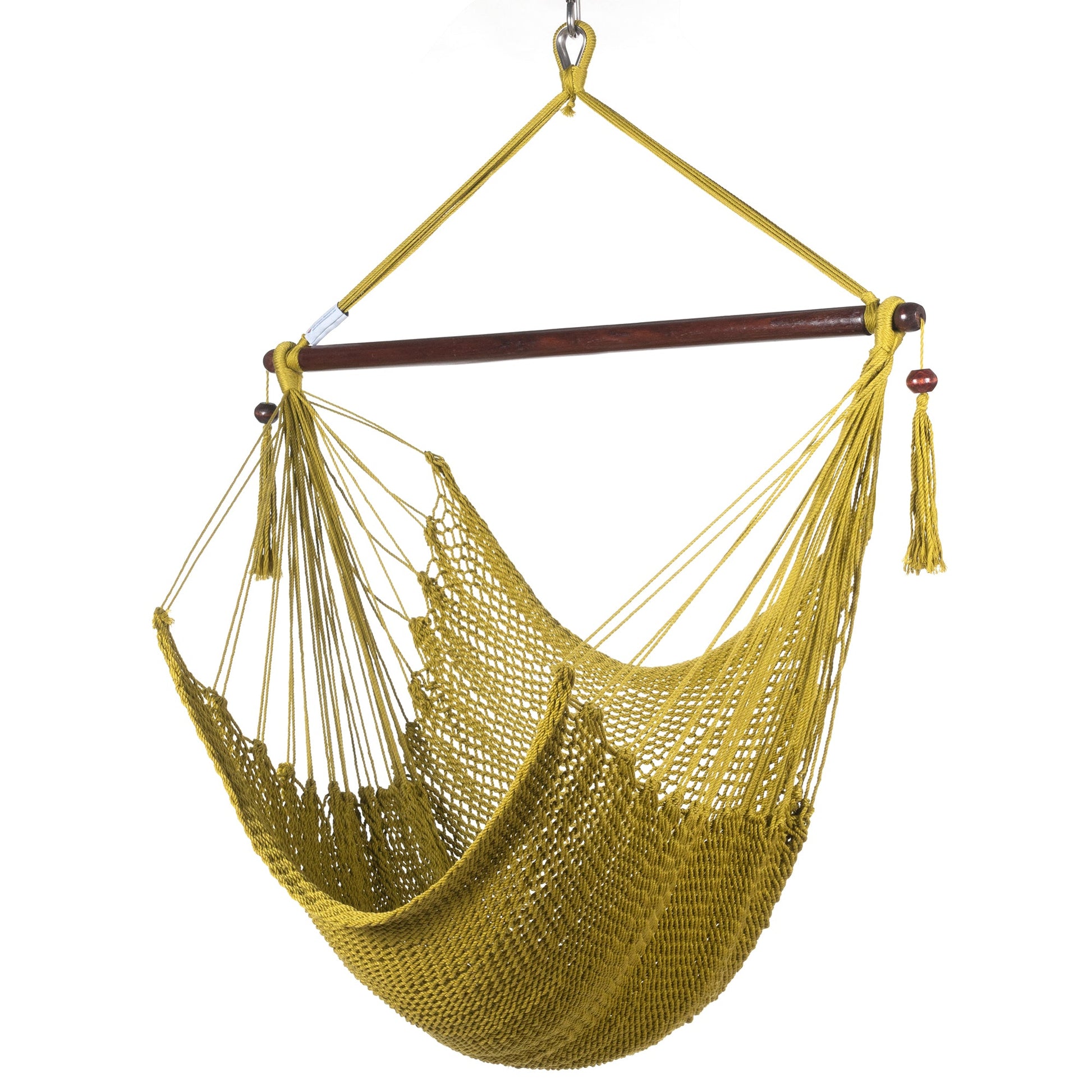Island Haven hammock chair in olive, hand-woven poly cord with a dark hardwood spreader bar and tasseled ends, on a white background