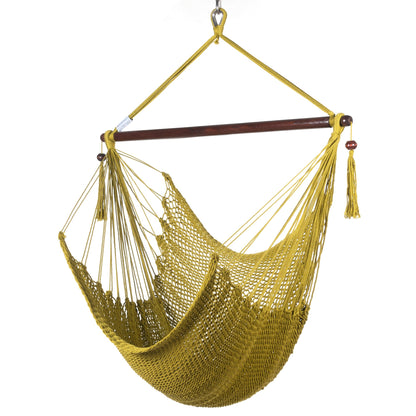 Island Haven hammock chair in olive, hand-woven poly cord with a dark hardwood spreader bar and tasseled ends, on a white background