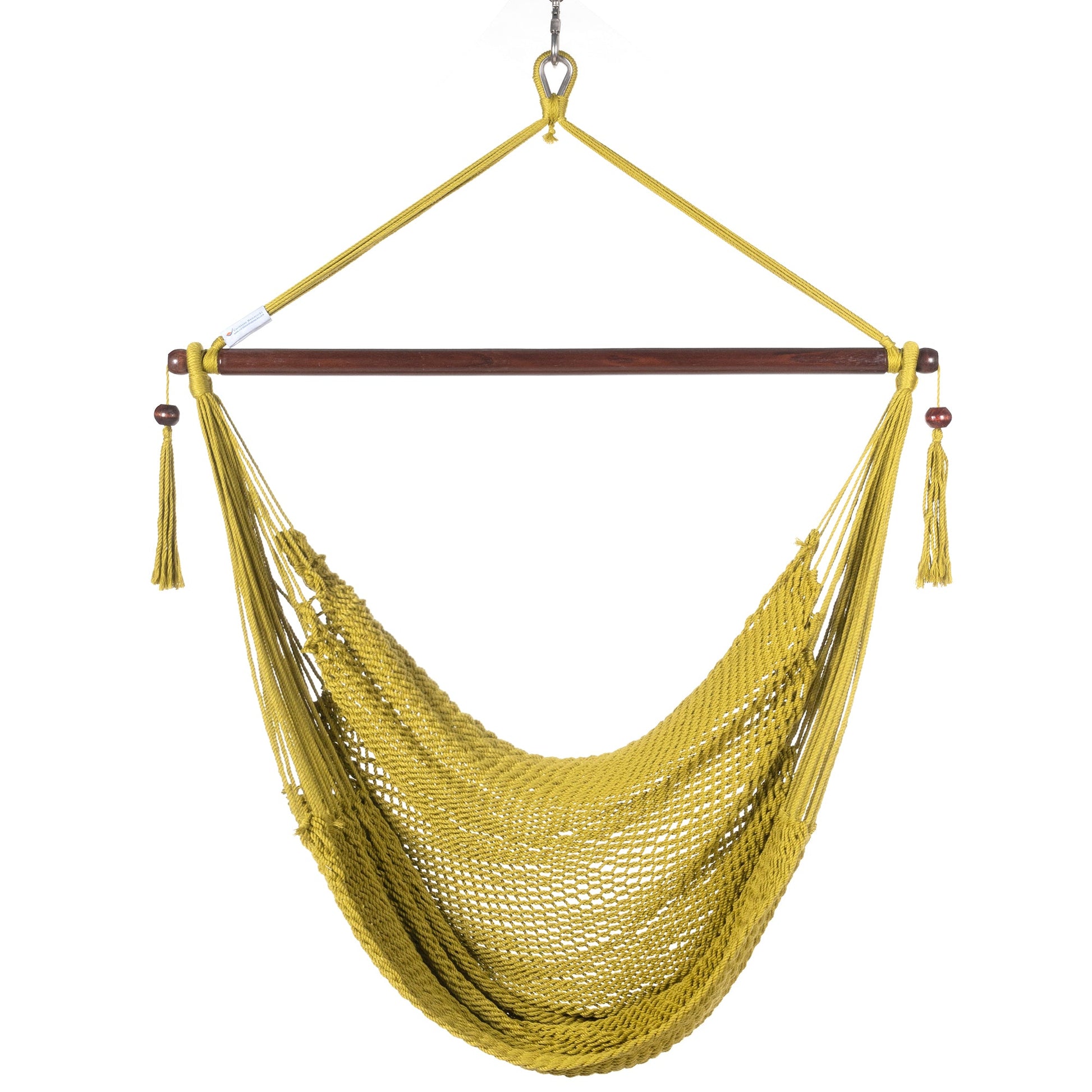 Front view of an olive Island Haven hammock chair showing the deep open-weave seat and built-in footrest, on a white background
