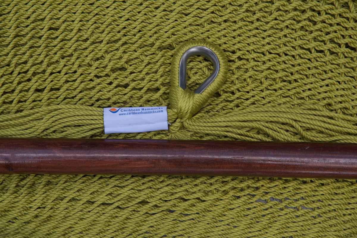Close-up of the sewn brand label and zinc-plated ring at the seat edge of an olive Island Haven hammock chair