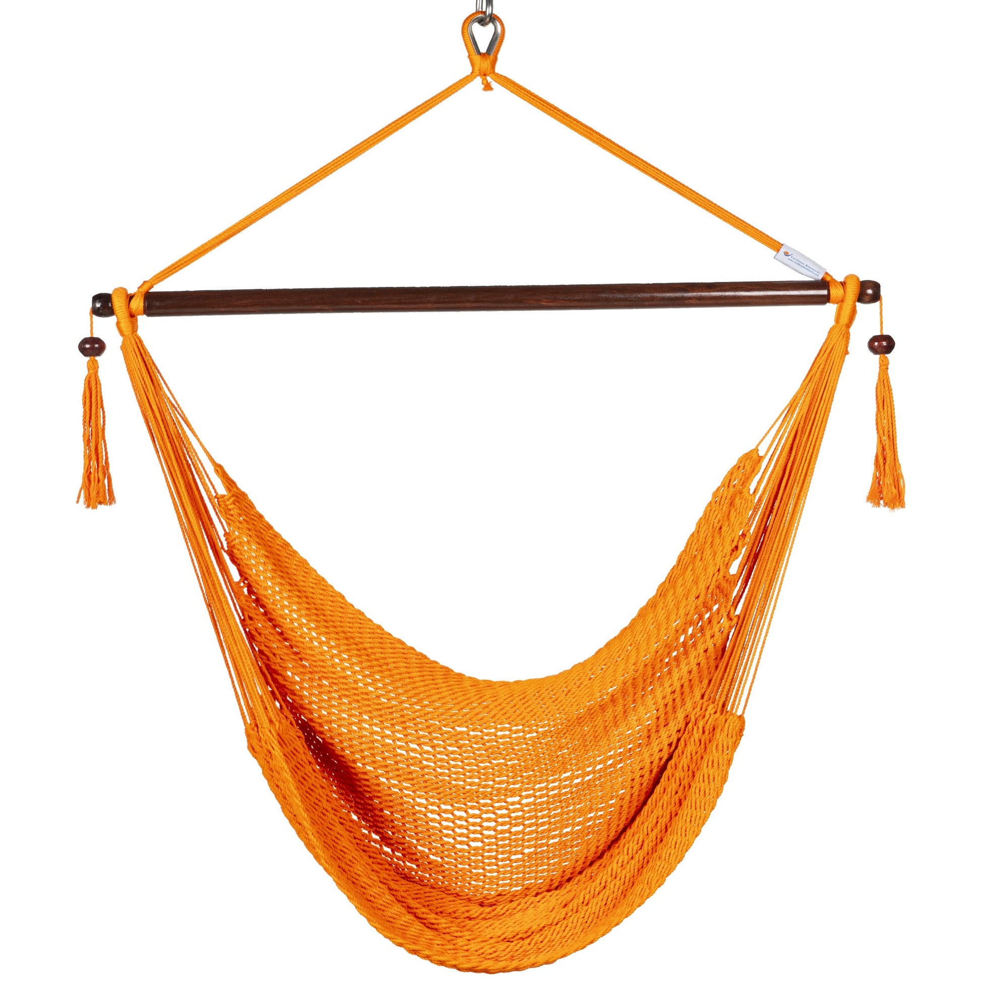 Front view of an orange Island Haven hammock chair showing the deep open-weave seat and built-in footrest, on a white background