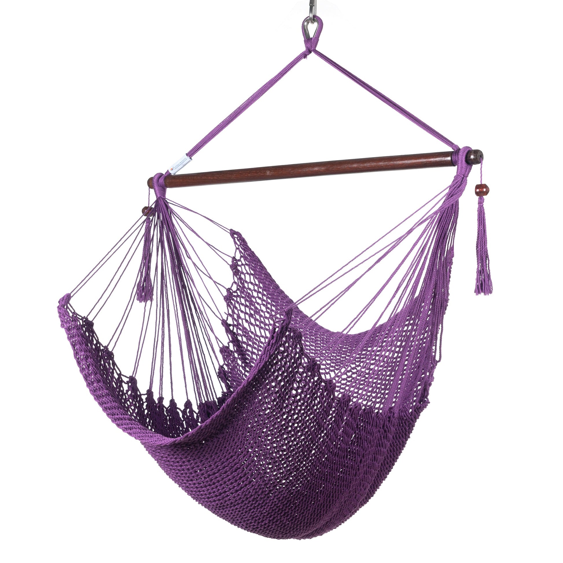 Island Haven hammock chair in purple, hand-woven poly cord with a dark hardwood spreader bar and tasseled ends, on a white background