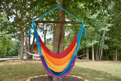 Rainbow-striped Island Haven hammock chair hanging from a shade tree in a mown backyard with woods behind
